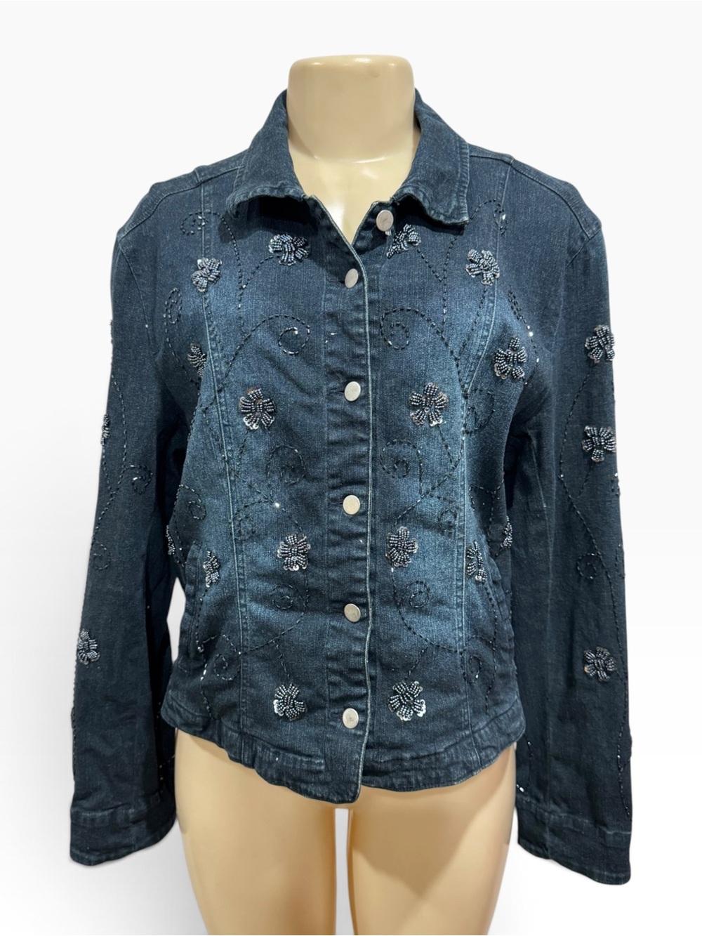 Vintage Jean Jacket by Flashback Beaded Floral Embellished Dark Blue Denim